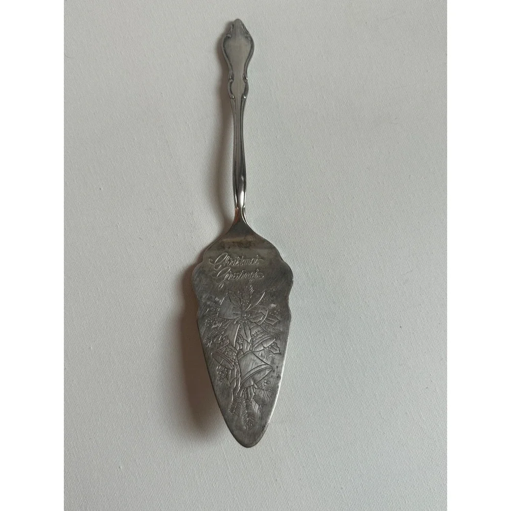 Vintage Christmas Greetings Silver Tone Pie Cake Server Holiday Bells Engraved